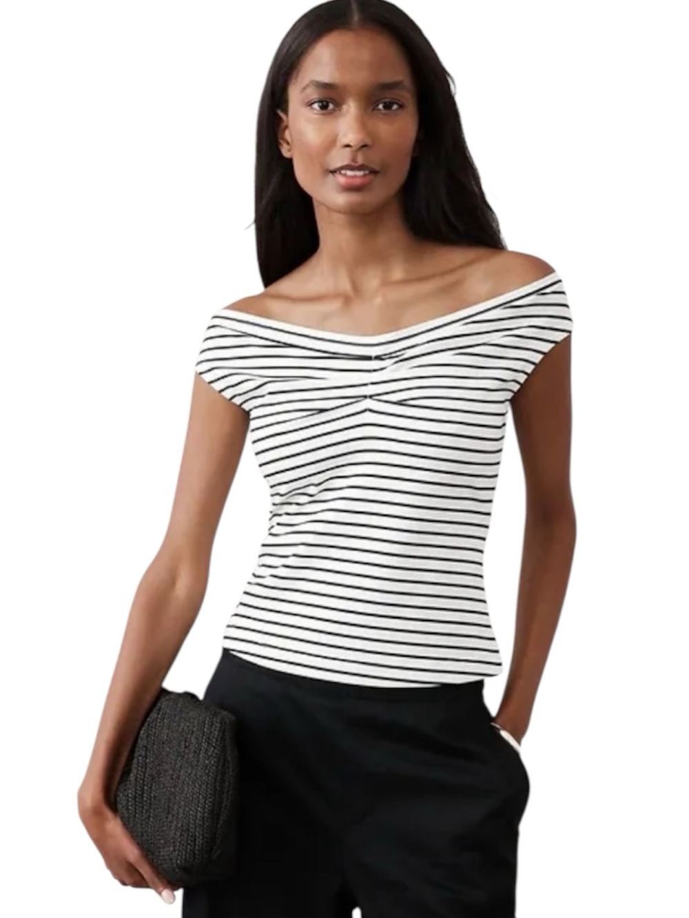 Banana Republic Factory Striped Textured Off-Shoulder Top Black & White size M